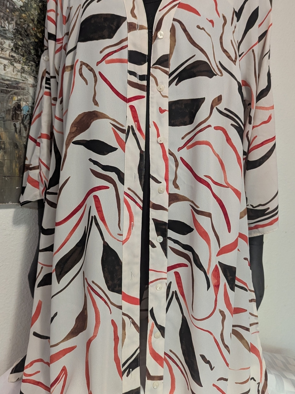 Women’s Printed Button-Up Top - White with Coral & Brown Abstract Print